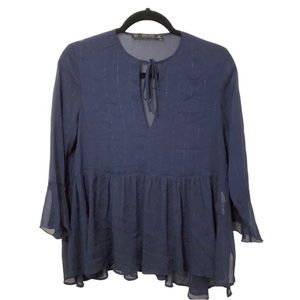 Zara Sheer Navy Gold Vertical
Lines 3/4 Bell Sleeve Peplum Top